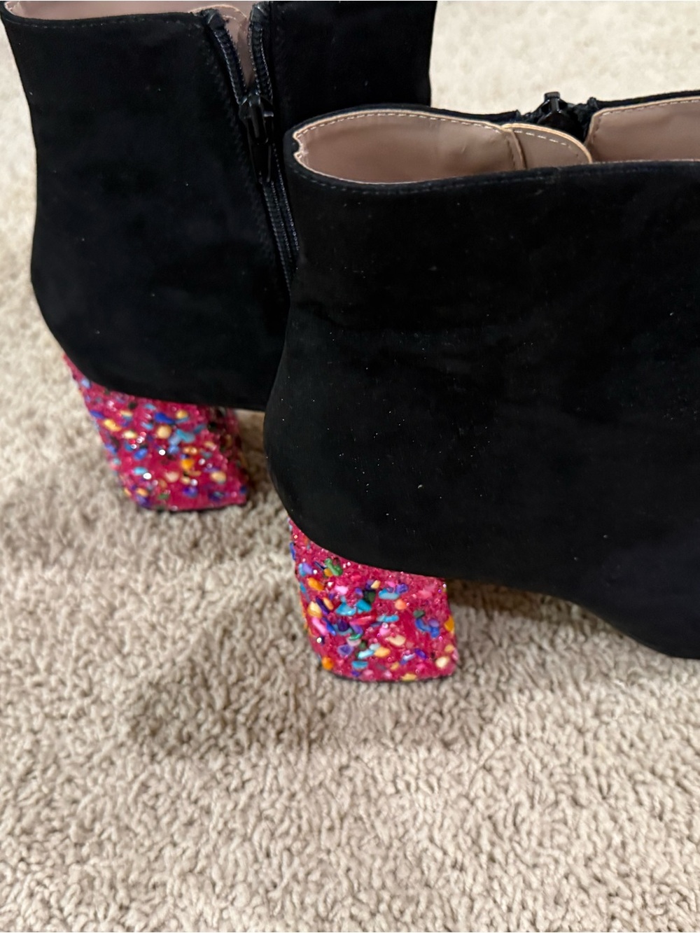 Betsey Johnson KassieBlack Suede Ankle Booties with Multicolor Beaded Block Heel - Picture 4 of 9